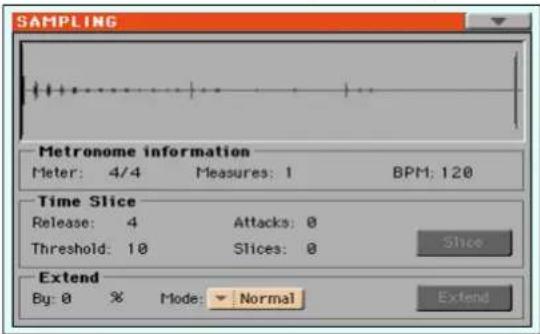 SAMPLING Metronome information Meter: 4/4 Measures: 1 BPM: 120 Time Slice Release: 4 Attacks: 0 Threshold: 10 Slices: 0 Slice Extend By: 0 % Mode: ▼ Normal Extend