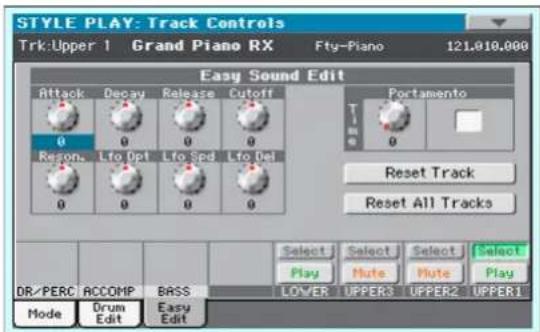 STYLE PLAY: Track Controls Trk:Upper 1 Grand Piano RX Fty-Piano 121,010,000 Easy Sound Edit Attack Decay Release Cutoff Portamento 0 0 0 0 Resons Lfo Opt Lfo Spd Lfo Ua 0 0 0 0 Reset Track Reset All Tracks DR/PERC ACCOMP BASS Select Select Select Select Mode Drum Easy Edit Play Mute Mute Play LOWER UPPER3 UPPER2 UPPER1