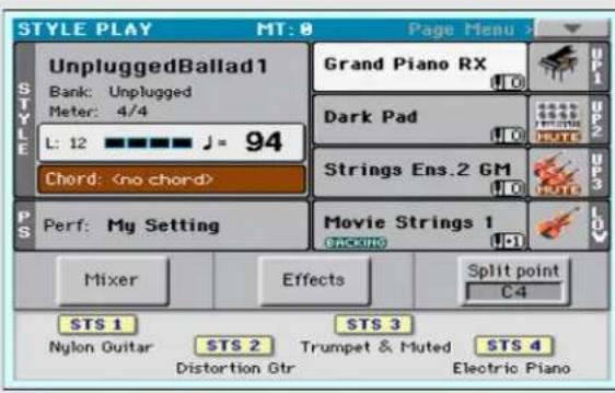 STYLE PLAY MT: 0 Page Menu > STYLE UnpluggedBallad1 Bank: Unplugged Meter: 4/4 L: 12 ■■■■ J = 94 Chord: Grand Piano RX Dark Pad Strings Ens.2 GM Movie Strings 1 Mixer Effects Split point C4 PS Perf: My Setting STS 1 Nylon Guitar STS 2 Distortion Gtr STS 3 Trumpet & Muted Electric Piano STS 4