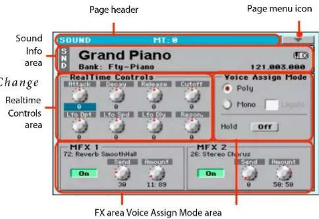 Sound Info area Change Realtime Controls area Page header Page menu icon SOUND Grand Piano Bank: Fty-Piano 121.003.000 RealTime Controls Attack Decay Release Cutoff 0 0 0 0 Lfo Det Lfo Spd Lfo Dly Reason. 0 0 0 0 Voice Assign Mode Poly Mono Lapato Hold Off MFX 1 72: Reverb SmoothHall Send Amount On 30 11:69 MFX 2 26: Stereo Chorus Send Amount On 0 58:58 FX area Voice Assign Mode area