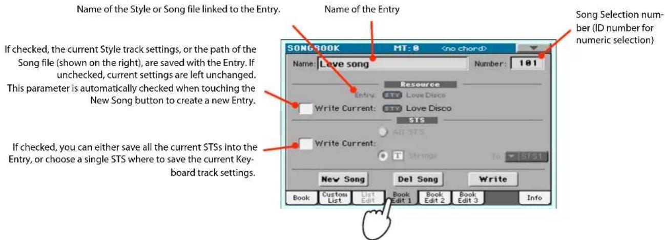 Name of the Style or Song file linked to the Entry. If checked, the current Style track settings, or the path of the Song file (shown on the right), are saved with the Entry. If unchecked, current settings are left unchanged. This parameter is automatically checked when touching the New Song button to create a new Entry. If checked, you can either save all the current STSs into the Entry, or choose a single STS where to save the current Key- board track settings. Name of the Entry Song Selection num- ber (ID number for numeric selection) Song BOOK MT: 0 Name: Love song Number: 101 Resource Entry: STV Love Disco Write Current: STV Love Disco STS All STS Write Current: T Strings To: STS1 New Song Del Song Write Book Custom List Book Book Book Edit Edit 1 Edit 2 Edit 3 Info