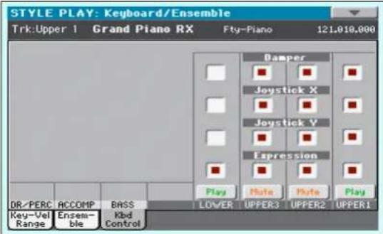 STYLE PLAY: Keyboard/Ensemble Trk:Upper 1 Grand Piano RX Fty-Piano 121,010,000 Damper Joystick X Joystick V Expression Play Note Note Play DR/PERC ACCOMP BASS LOWER UPPER3 UPPER2 UPPER1 Key-Vel Ensem- Kbd Range ble Control