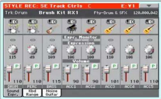 STYLE REC: SE Track Ctrls Trk:Drum Brush Kit RX1 Fty-Drum & SFX 120.899.842 HD HD HD HD HD HD 115 43 109 106 100 110 106 106 P P P P P P P Volume DRUM PERC BASS ACC1 ACC2 ACC3 ACC4 ACC5 Sound Expr. Kbd Range Noise Guitar