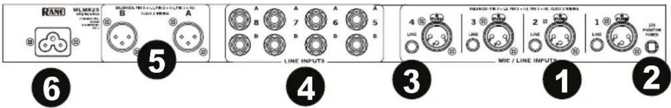 RANE MLM825 MLMR25 B A B A 8 7 6 5 LINE INPUTS 4 3 1 2 IN PARTNION POWER MIC / LINE INPUTS