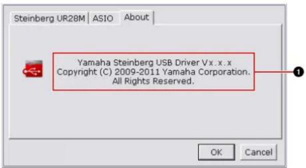 Steinberg UR28M | ASIO | About | Yamaha Steinberg USB Driver Vx.x.x Copyright (C) 2009-2011 Yamaha Corporation. All Rights Reserved. OK Cancel