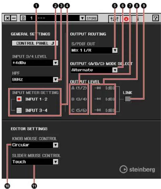 GENERAL SETTINGS CONTROL PANEL INPUT 3/4 LEVEL +4dBu HPF 80Hz INPUT METER SETTING INPUT 1-2 INPUT 3-4 OUTPUT ROUTING S/PDIF OUT MIX 1 L/R OUTPUT (A/B/C) MODE SELECT Alternate OUTPUT LEVEL A (1/2) -∞ [dBi] B (3/4) -∞ [dBi] C (5/6) -∞ [dBi] LINK EDITOR SETTINGS KNOB MOUSE CONTROL Circular SLIDER MOUSE CONTROL Touch steinberg