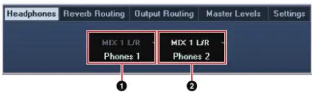 Headphones Reverb Routing Output Routing Master Levels Settings MIX 1 L/R Phones 1 MIX 1 L/R Phones 2 ① ②