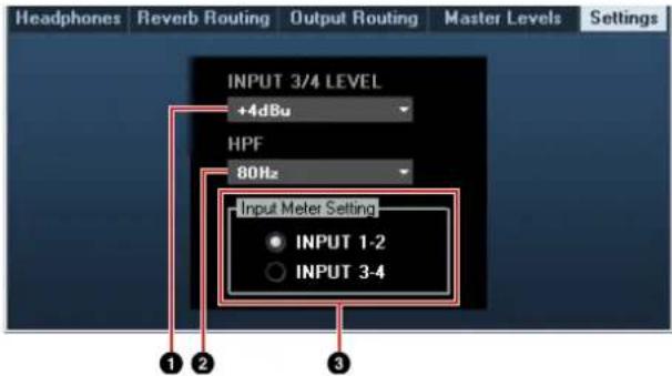 Headphones Reverb Routing Output Routing Master Levels Settings INPUT 3/4 LEVEL +4dBu HPF 80Hz Input Meter Setting • INPUT 1-2 ○ INPUT 3-4 ① ② ③