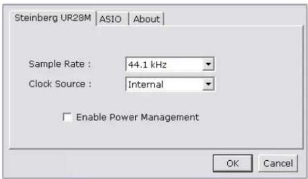 Steinberg UR28M | ASIO | About | Sample Rate : 44.1 kHz Clock Source : Internal Enable Power Management OK Cancel