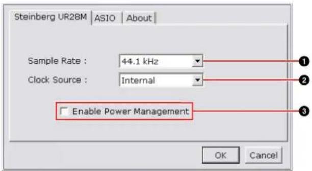Steinberg UR28M | ASIO | About | Sample Rate : 44.1 kHz Clock Source : Internal Enable Power Management OK Cancel