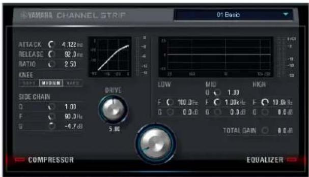VAMANA CHANNEL STRIP 01 Basic ATTACK 4.122 Hz RELEASE 92.0 Hz RATIO 2.50 KNEE SIDE CHAIN DRIVE 5.00 COMPRESSOR EQUALIZER LOW MID HIGH 0 1.00 F 100.0 Hz F 1.00 Hz F 19.0 Hz G 0.0 Hz G 0.0 Hz G 0.0 Hz TOTAL GAIN 0.0 Hz