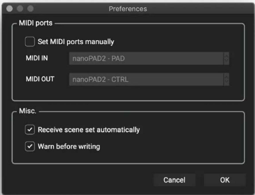 Preferences MIDI ports Set MIDI ports manually MIDI IN nanoPAD2 - PAD MIDI OUT nanoPAD2 - CTRL Misc. ✓ Receive scene set automatically ✓ Warn before writing Cancel OK
