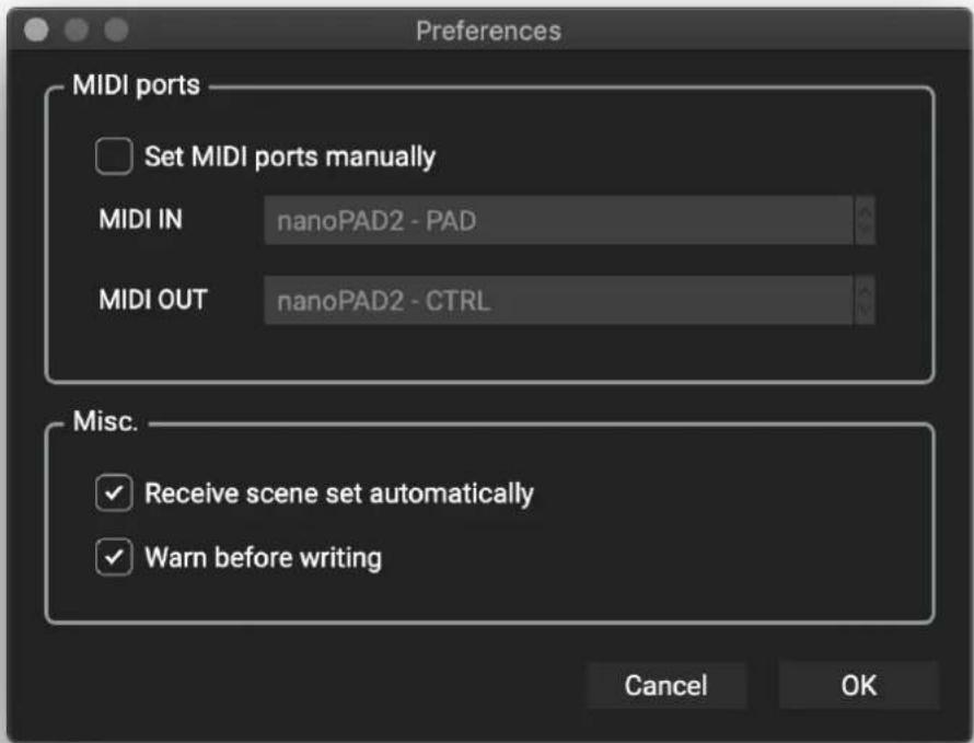 Preferences MIDI ports Set MIDI ports manually MIDI IN nanoPAD2 - PAD MIDI OUT nanoPAD2 - CTRL Misc. ✓ Receive scene set automatically ✓ Warn before writing Cancel OK