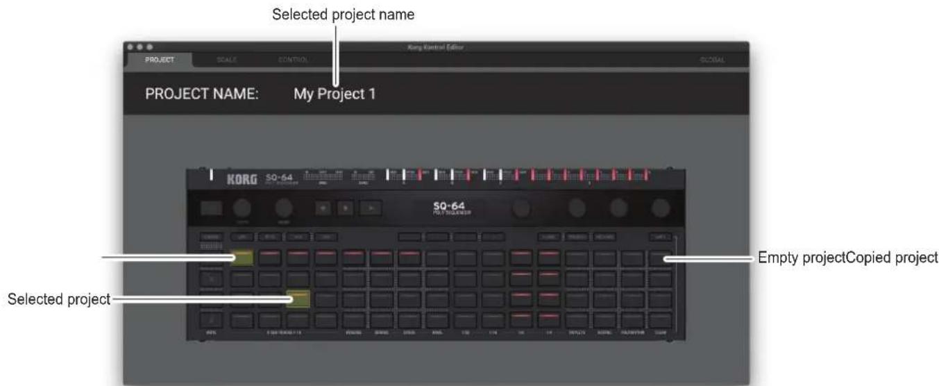 Selected project name PROJECT NAME: My Project 1 KORG SO-64 SO-64 Empty projectCopied project Selected project