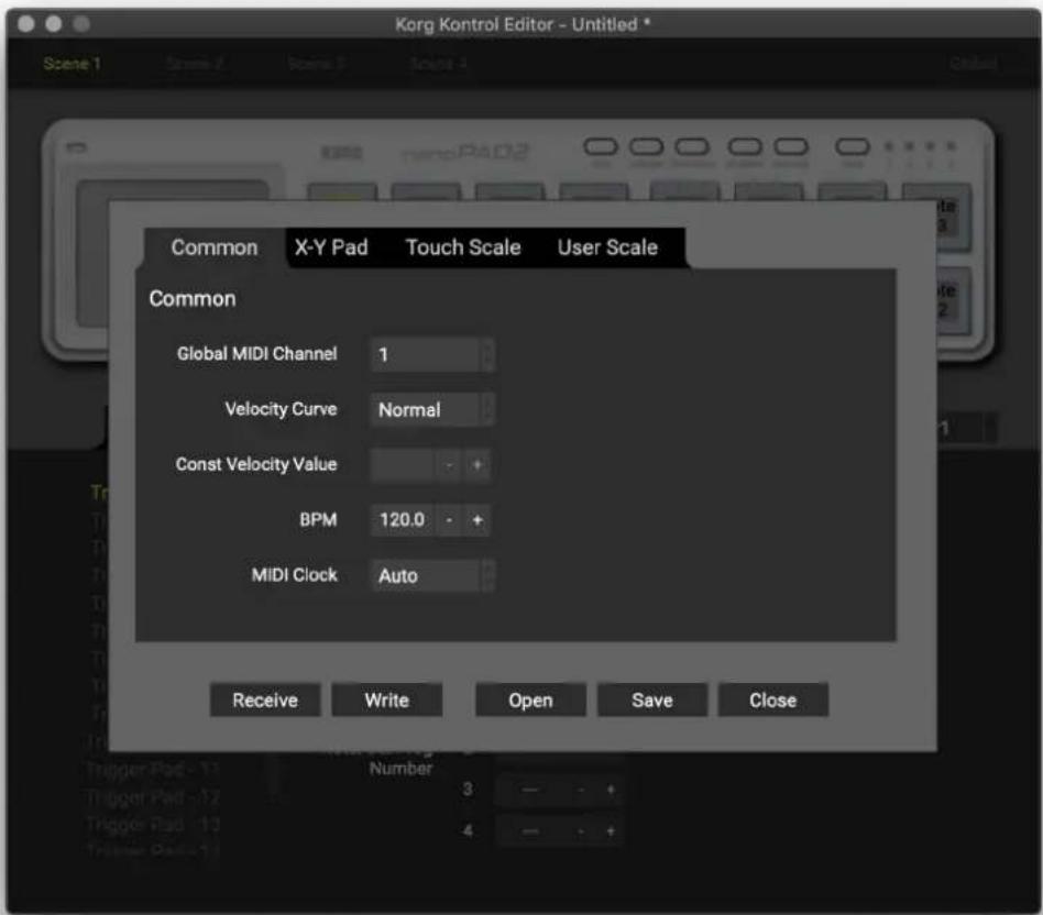 Korg Kontrol Editor - Untitled * Scene 1 Scene 2 Scene 3 Scene 4 Global Common X-Y Pad Touch Scale User Scale Common Global MIDI Channel 1 Velocity Curve Normal Const Velocity Value - BPM 120.0 - MIDI Clock Auto Receive Write Open Save Close Number 3 - + 4 - +