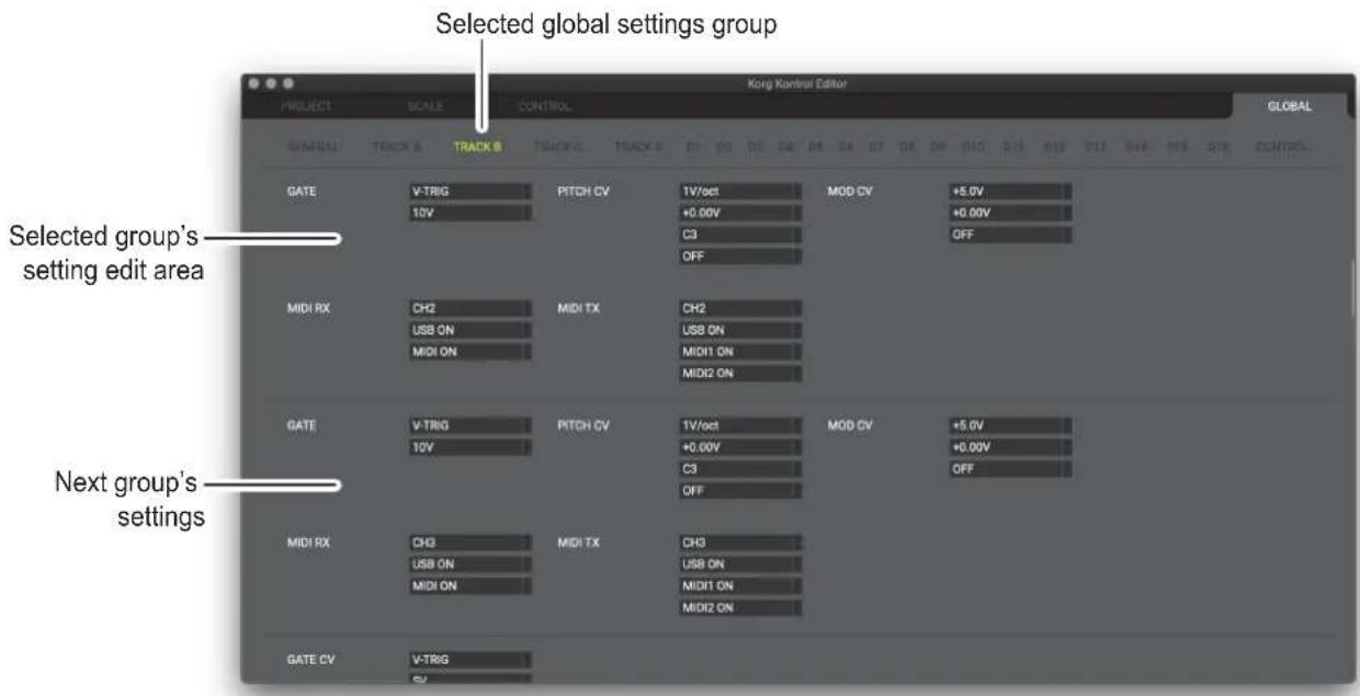 Selected global settings group GATE V-TRIG 10V PITCH CV TV/oc1 +0.00V C3 OFF MOD CV +5.0V +0.00V OFF MIDI RX CH2 USB ON MIDI ON MIDI TX CH2 USB ON MIDI ON MIDI2 ON GATE V-TRIG 10V PITCH CV TV/oc1 +0.00V C3 OFF MOD CV +5.0V +0.00V OFF MIDI RX CH2 USB ON MIDI ON MIDI TX CH3 USB ON MIDI ON MIDI2 ON GATE CV V-TRIG CV