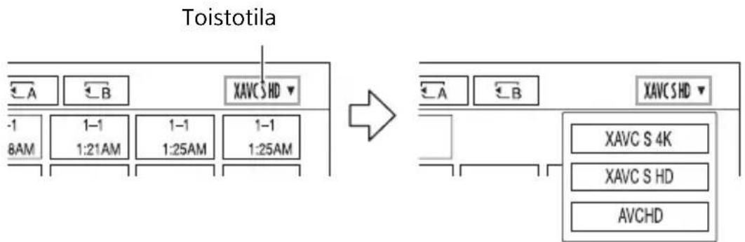 SONY HXR-NX80 - Valitse kohdemuistikortti ja toistotila ja toista sitten video koskettamalla sen pikkukuvaa kahdesti. - 1