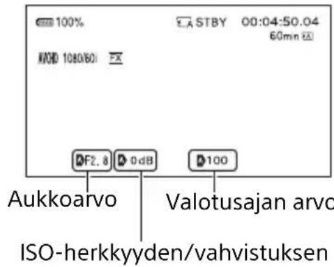 100% STBY 00:04:50.04 60mn Aukkoarvo Valotusajan arvo ISO-herkkyyden/vahvistuksen