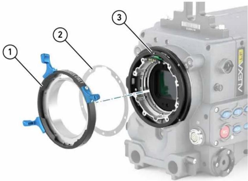Technical diagram of a mechanical assembly with numbered components, showing a circular component being cut into a device labeled 'ALEXAL'.