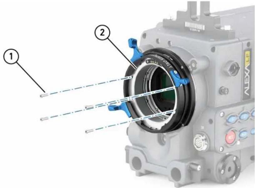 Technical diagram of a Alexa video camera with labeled parts and control buttons