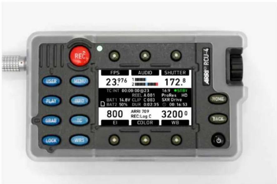 REC 23.976 1 2 FPS AUDIO SHUTTER 172.8 TC INT 00:00:00@23 16:9 STBY REEL A 001 ProRes HD BAT1 14.8V CLIP C 003 SXR Drive BAT2 50% DUR 0:02:35 00:16:53 800 ARRI 709 REC:Log C 3200 0 EI COLOR WB LAB INPUT MENU PLAY INFO GRAB TC LOCK WRS HOME BACK ARRI RCU-4