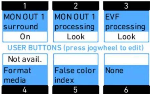 1 MON OUT 1 surround On 2 MON OUT 1 processing Look 3 EVF processing Look USER BUTTONS (press jogwheel to edit) Not avail. Format media False color index None 4 5 6