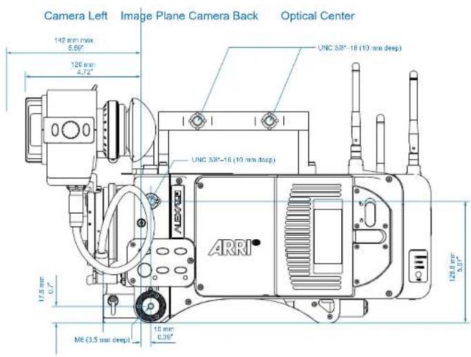 Camera Left Image Plane Camera Back Optical Center 142 mm max. 6.50" 126 mm 4.72" UNC 3/8"-16 (10 mm deep) UNC 3/8"-16 (10 mm deep) 17.5 mm 0.7" M6 (3.5 mm deep) 10 mm 6.35" ARRI 129.8 mm 3.37"