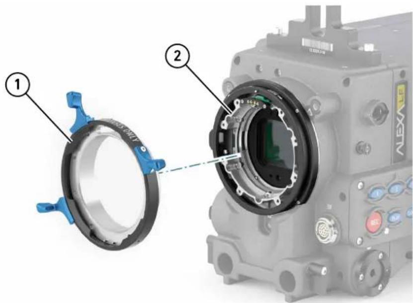 Technical diagram of a camera module with labeled parts, showing assembly and component details
