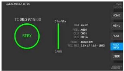 ALEXA Min LF 3019 TC 00:39:15:00 STBY 51m 52s BAT: 24.3V REEL A601 CLIP C001 OUR 00:04 CODEC ARR/RAW REC RES 3.8K LF 16:9 - UHD CARD USER ARRI HOME MENU PLAY REC/ INFD USER