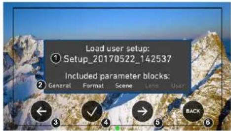 Load user setup: ① Setup_20170522_142537 Included parameter blocks: ② General Format Scene Long User ← ③ ✓ → ⑤ BACK