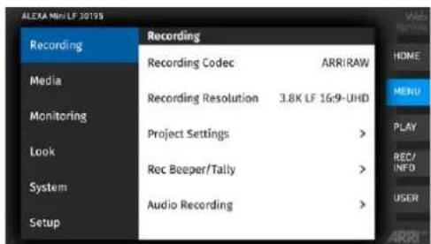 ALEXA Mini/LF 3079 Recording Recording Recording Codec ARRI RAW Media Recording Resolution 3.8K LF 16:9-UHD Monitoring Project Settings > Look Rec Beeper/Tally > System Audio Recording > Setup HOME MENU PLAY REC/ INFO USER ARRI