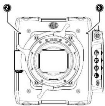 Technical diagram of a camera module with labeled parts and component indicators