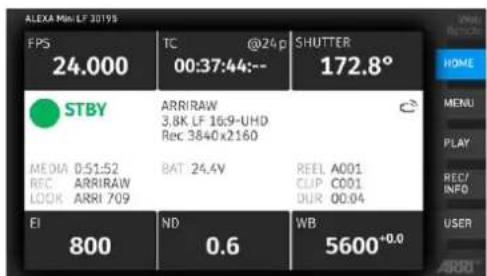 ALEXA Min LF 30198 EPS 24.000 TC @24p 00:37:44:-- SHUTTER 172.8° STBY ARRIRAW 3.8K LF 16:9-UHD Rec 3840x2160 MEDIA 0:51:52 REC ARRIRAW LOOK ARRI 709 BAT 24.4V REEL A001 CLIP C001 DUR 00:04 EI 800 ND 0.6 WB 5600+0.0 HOME MENU PLAY REC/ INFO USER