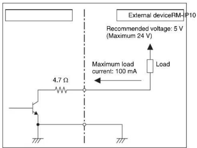 External deviceRM-P10 Recommended voltage: 5 V (Maximum 24 V) Maximum load current: 100 mA 4.7 Ω Load