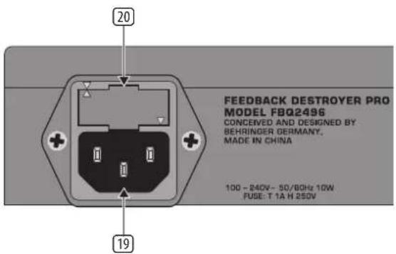 20 19 FEEDBACK DESTROYER PRO MODEL FBQ2496 CONCEIVED AND DESIGNED BY BEHRINGER DERMANY. MADE IN CHINA 100 - 240V - 50/60Hz 10W FUBE: T 1A H 250V