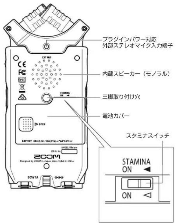 プラグインパワー対応 外部ステレオマイク入力端子 CE FC EXT MIC 内蔵スピーカー（モノラル） STAMINA ON → 三脚取り付け穴 電池カバー BATTERY HMI (1.2V) / LBA(1.5V) or *AR*SIZE * 2 SINTEL: 116m pro SPM, 40 ZOOM Designed by ZOOM In Japan, Assembled in China DC5V 1A スタミナスイッチ STAMINA ON ← ON ←