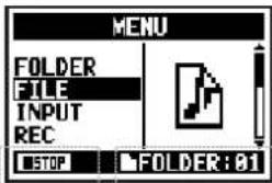 MENU FOLDER FILE INPUT REC STOP FOLDER: 01