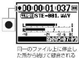 00:00:01:037 WILLISTE-001.WAY L R -18 -24 -12.5 -6 -10 50 00 50 7:09 同一のファイル上に停止した所から続けて録音される