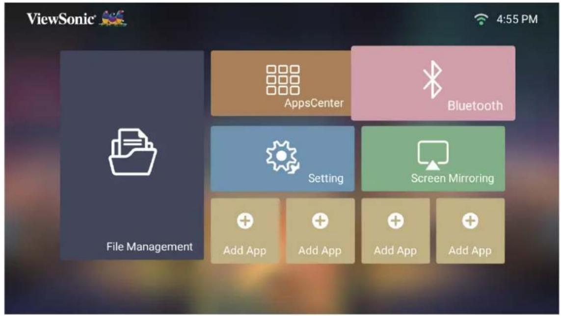 ViewSonic 4:55 PM AppsCenter Bluetooth Setting Screen Mirroring File Management Add App Add App Add App Add App