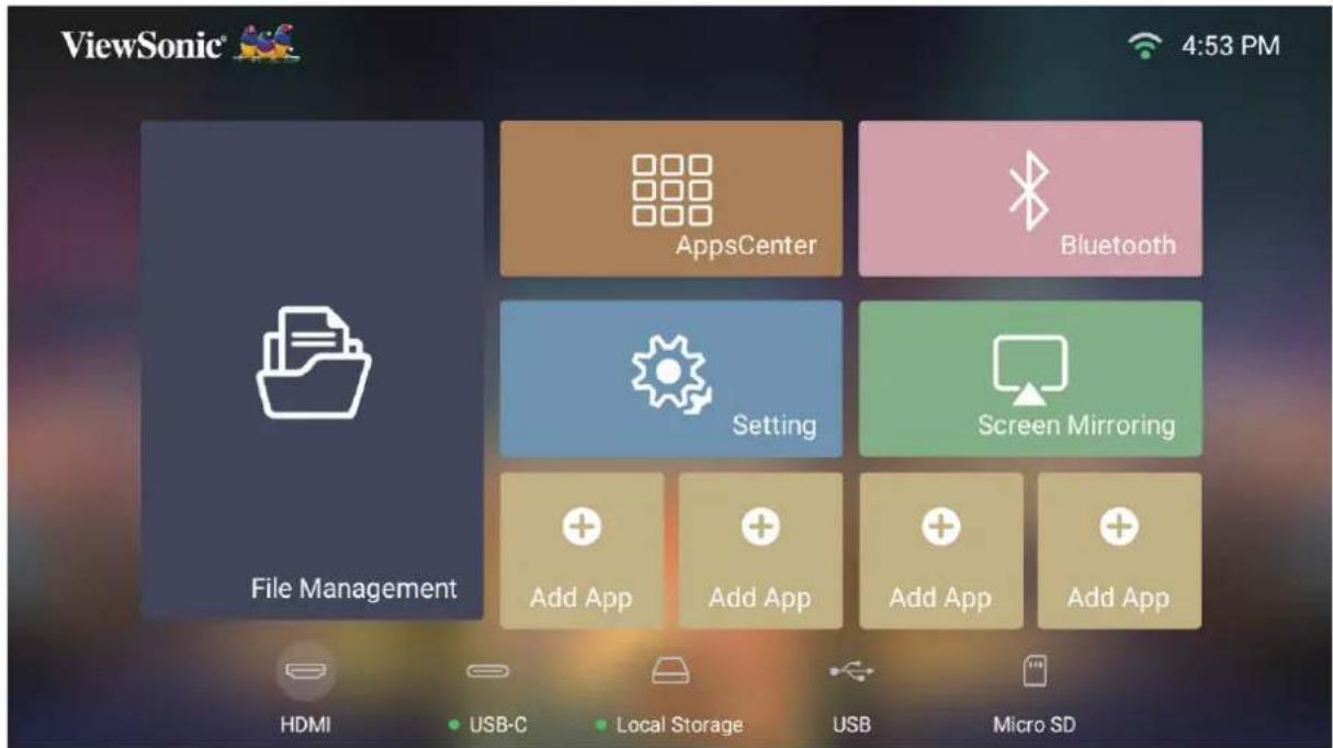 ViewSonic® 4:53 PM AppsCenter Bluetooth Setting Screen Mirroring File Management Add App Add App Add App Add App HDMI USB-C Local Storage USB Micro SD
