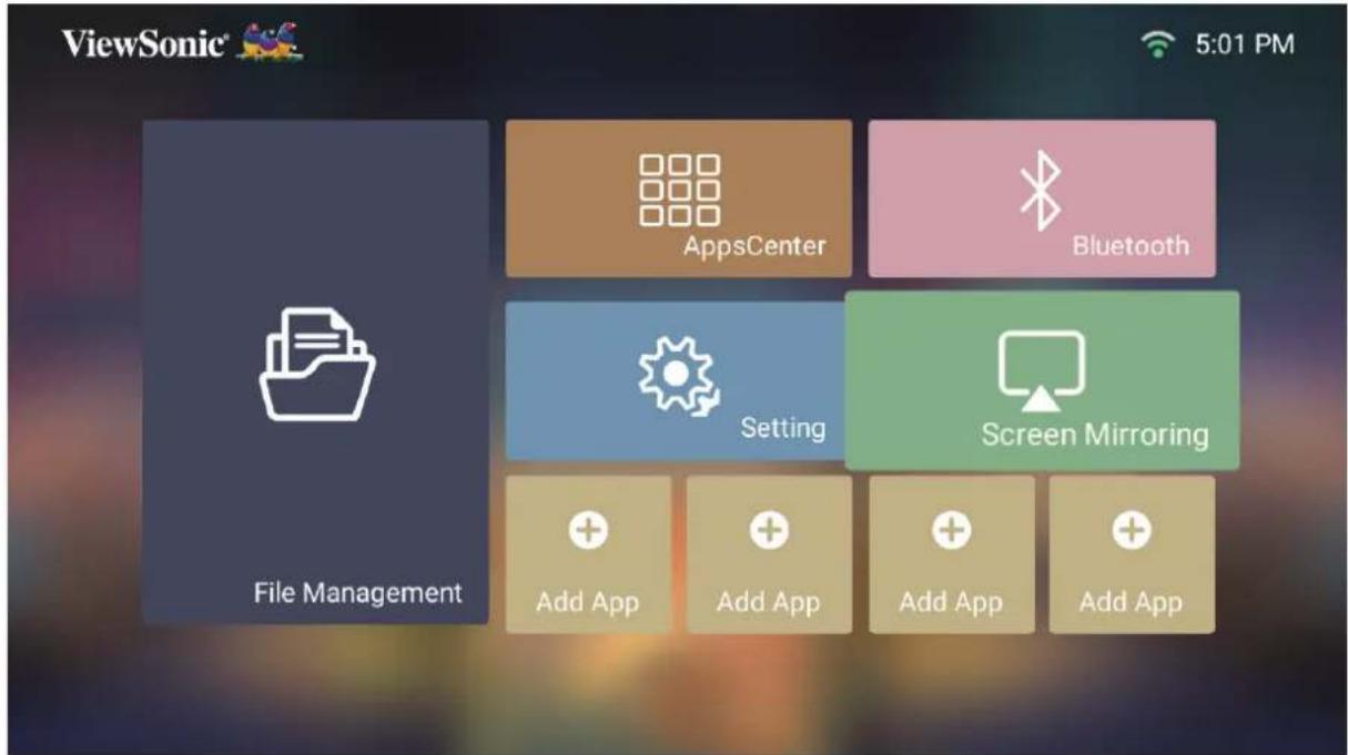 ViewSonic® 5:01 PM AppsCenter Bluetooth Setting Screen Mirroring File Management Add App Add App Add App Add App