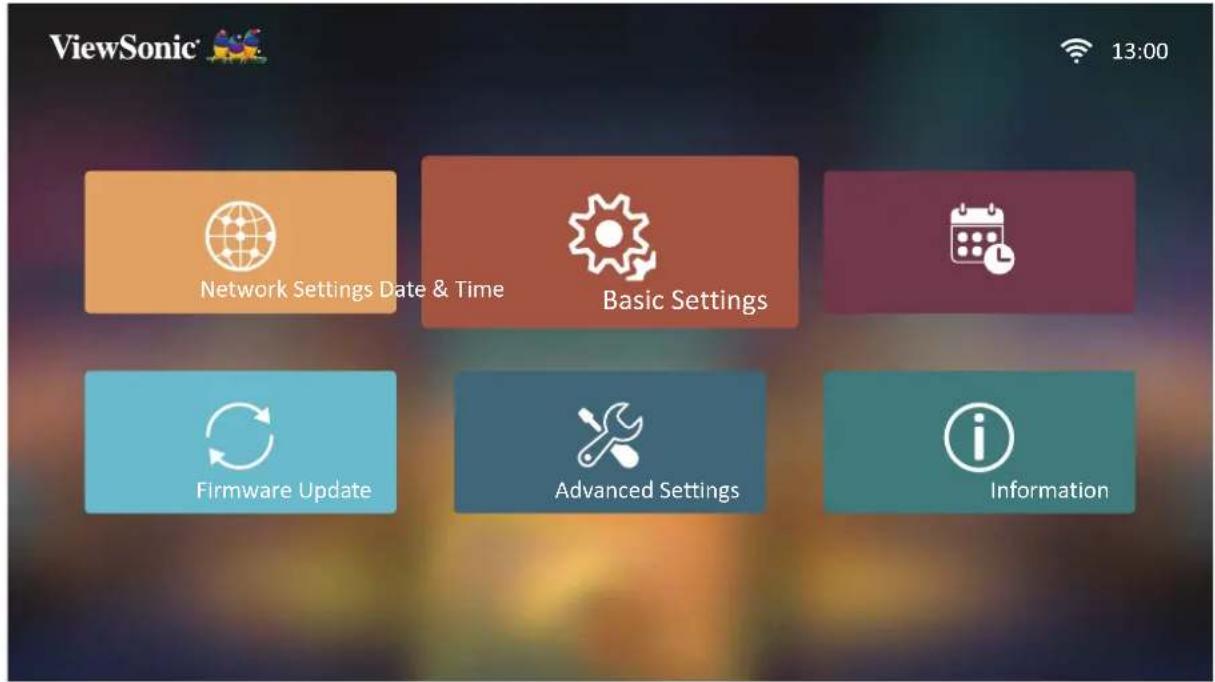 ViewSonic 13:00 Network Settings Date & Time Basic Settings Firmware Update Advanced Settings Information