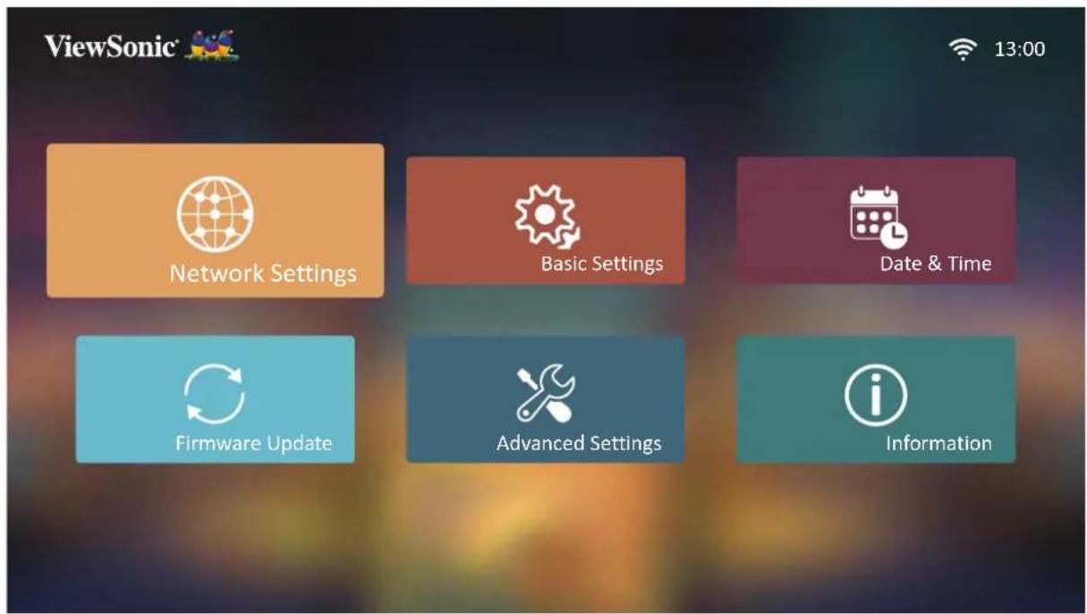 ViewSonic 13:00 Network Settings Basic Settings Date & Time Firmware Update Advanced Settings Information