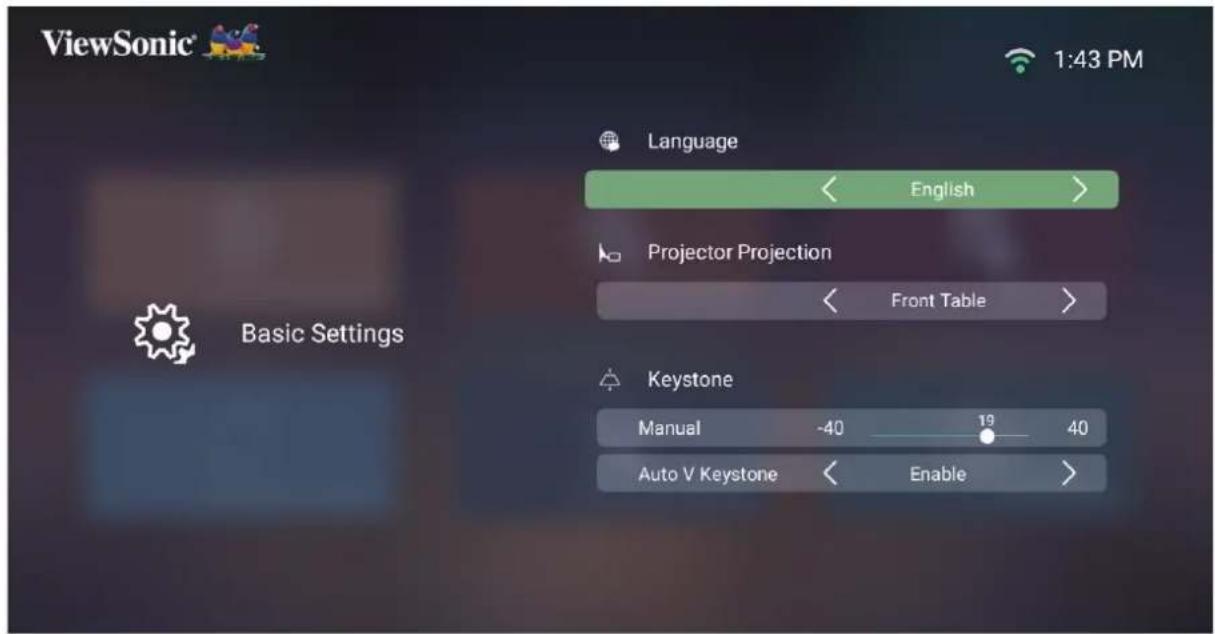 ViewSonic 1:43 PM Language English > Projector Projection Front Table > Keystone Manual -40 19 40 Auto V Keystone Enable >