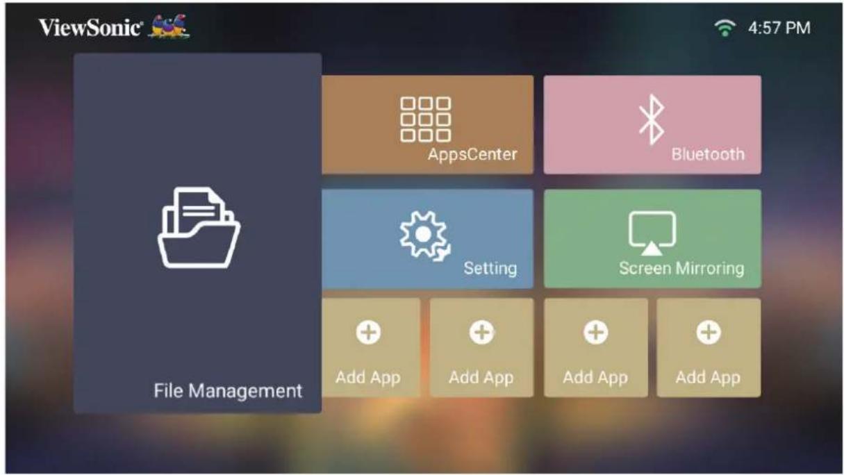 ViewSonic® 4:57 PM File Management AppsCenter Bluetooth Setting Screen Mirroring Add App Add App Add App Add App