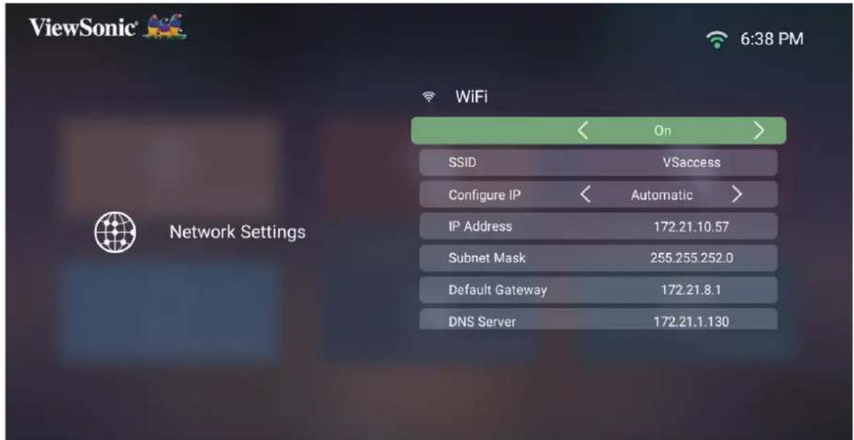 ViewSonic 6:38 PM WiFi On > SSID VSaccess Configure IP < Automatic > IP Address 172.21.10.57 Subnet Mask 255.255.252.0 Default Gateway 172.21.8.1 DNS Server 172.21.1.130 Network Settings