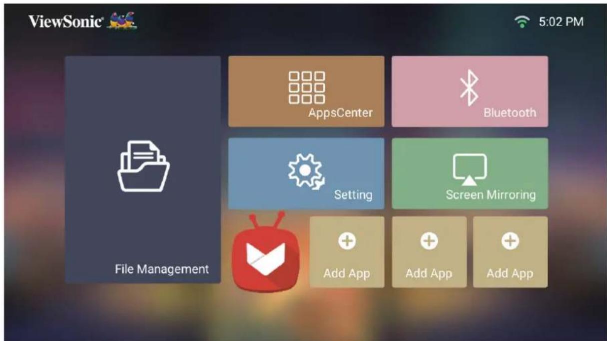 ViewSonic® 5:02 PM AppsCenter Bluetooth Setting Screen Mirroring File Management Add App Add App Add App