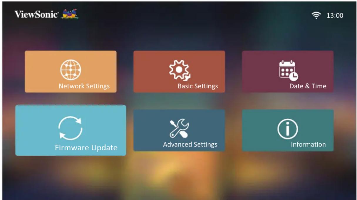 ViewSonic 13:00 Network Settings Basic Settings Date & Time Firmware Update Advanced Settings Information