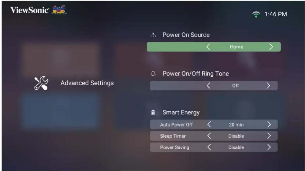 ViewSonic 1:46 PM Power On Source Home > Advanced Settings Power On/Off Ring Tone Off > Smart Energy Auto Power Off 20 min > Sleep Timer Disable > Power Saving Disable >
