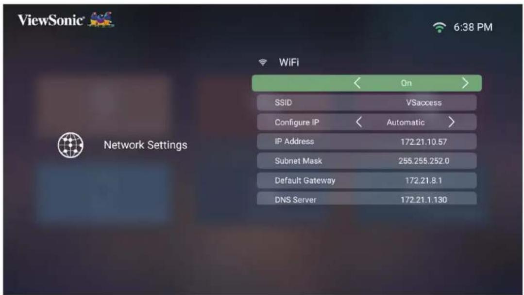 ViewSonic 6:38 PM WiFi On > SSID VSaccess Configure IP < Automatic > IP Address 172.21.10.57 Subnet Mask 255.255.252.0 Default Gateway 172.21.8.1 DNS Server 172.21.1.130 Network Settings